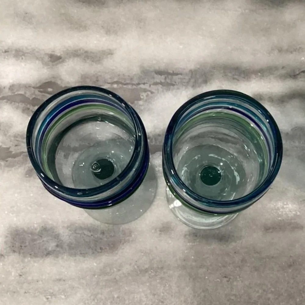 Pier 1 Imports Water Goblets, Set‎ of 2, Vintage Hand Blown Multicolor Rings